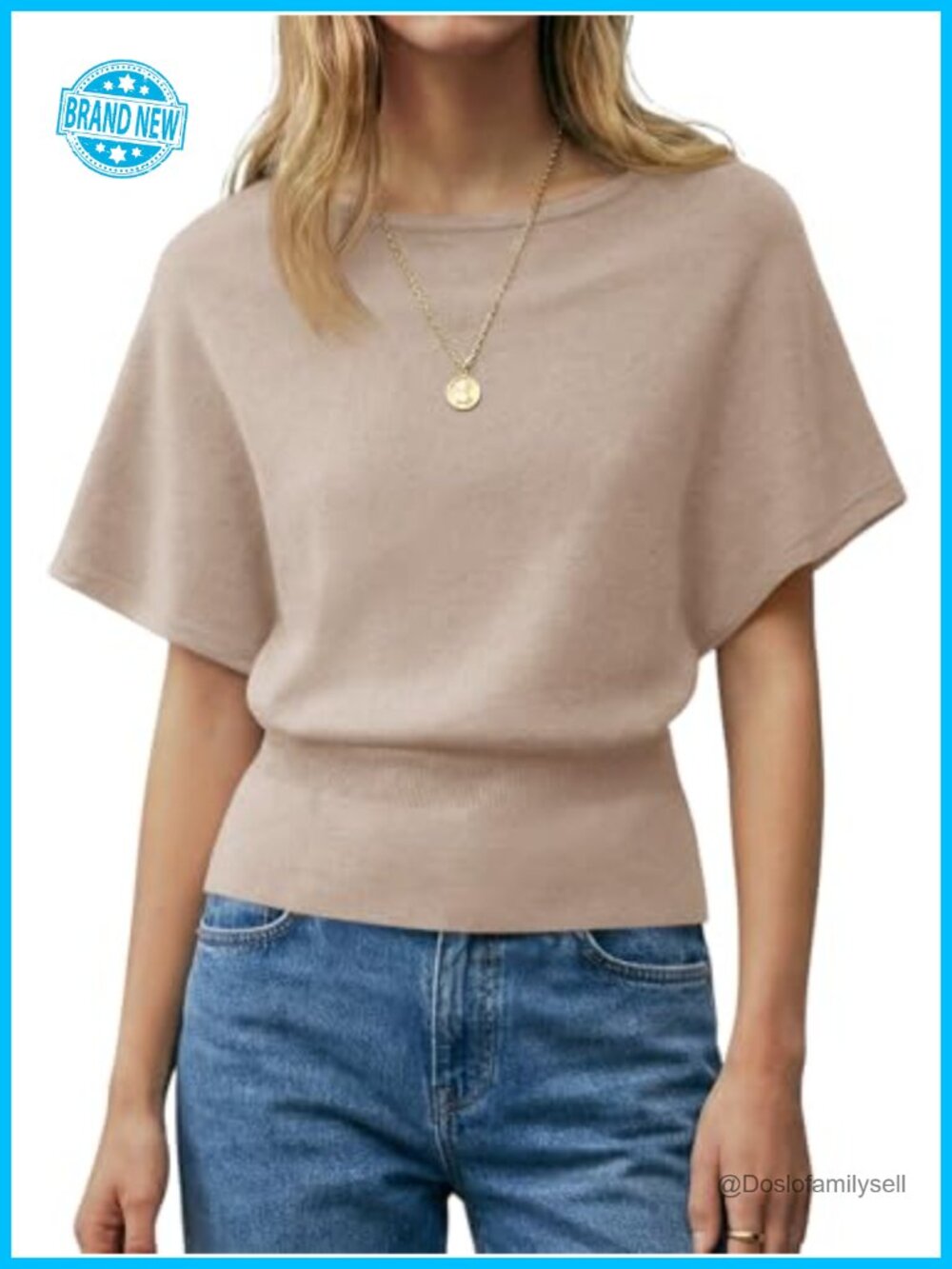 Women's Boat Neck Batwing Short Sleeve Ribbed Knit Cinched Waist Sweater Top